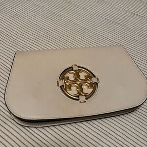 Tory Burch Cream Clutch with Gold Emblem